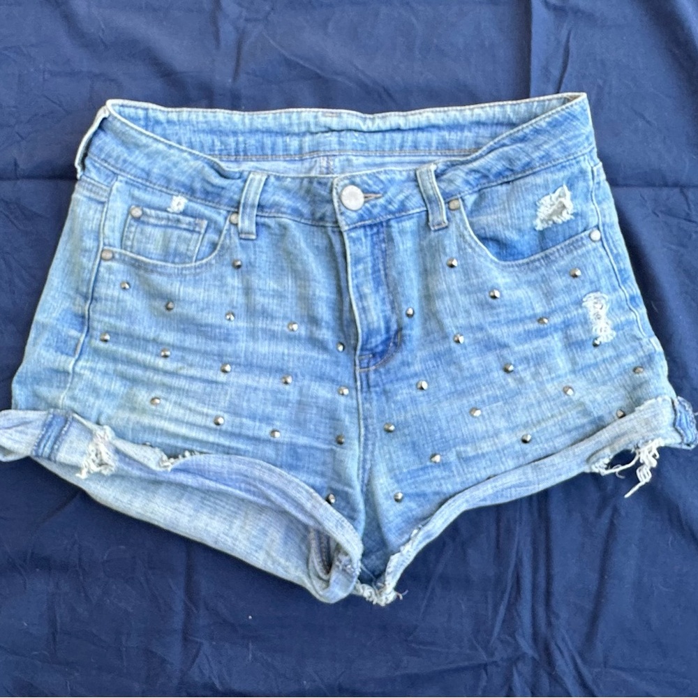 Ripped Studded Denim Shorts Distressed Wash High Waist